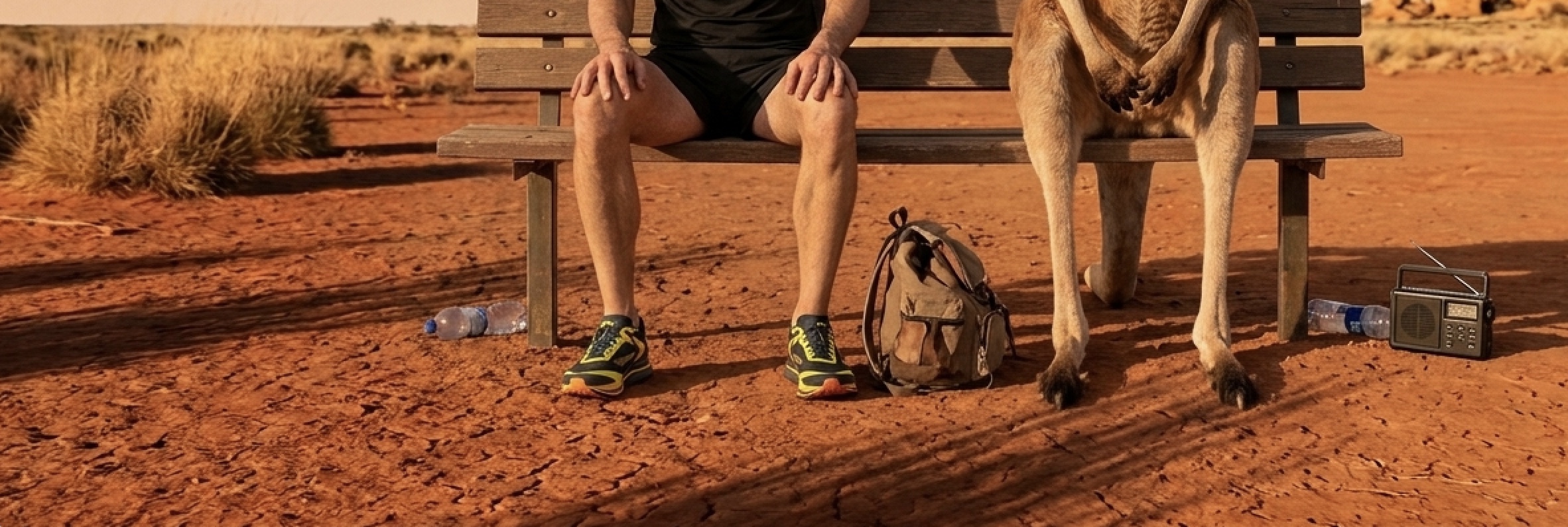 Coureur assis sur un banc dans le désert à côté d'un kangourou, chaussures Kangarush aux pieds